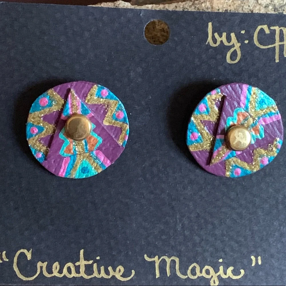 Creative Magic One of Kind Post Earrings Purple Blue Gold Sparkle Jewelry - Picture 5 of 7